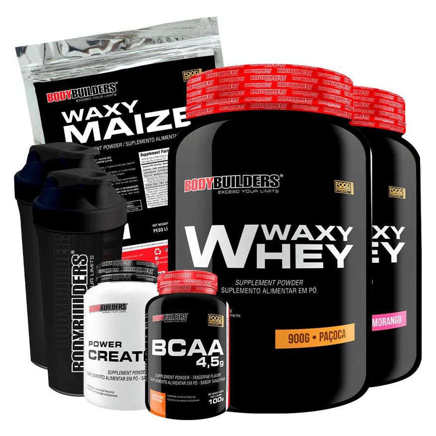 Bodybuilders Kit 2x Waxy Whey 900g + Waxy Maize 800g + Power Creatina 100g + Bcaa 4.5 100g + 2x Coqueteleira - Morango e Paçoca