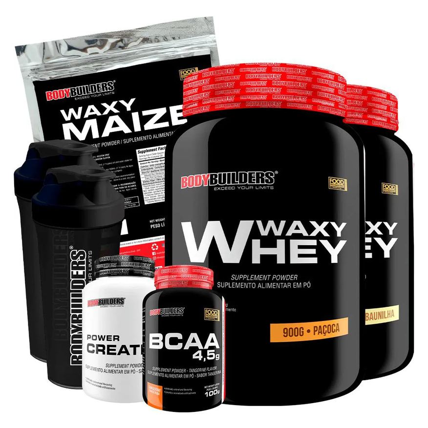 Bodybuilders Kit 2x Waxy Whey 900g + Waxy Maize 800g + Power Creatina 100g + Bcaa 4.5 100g + 2x Coqueteleira - Baunilha e Paçoca