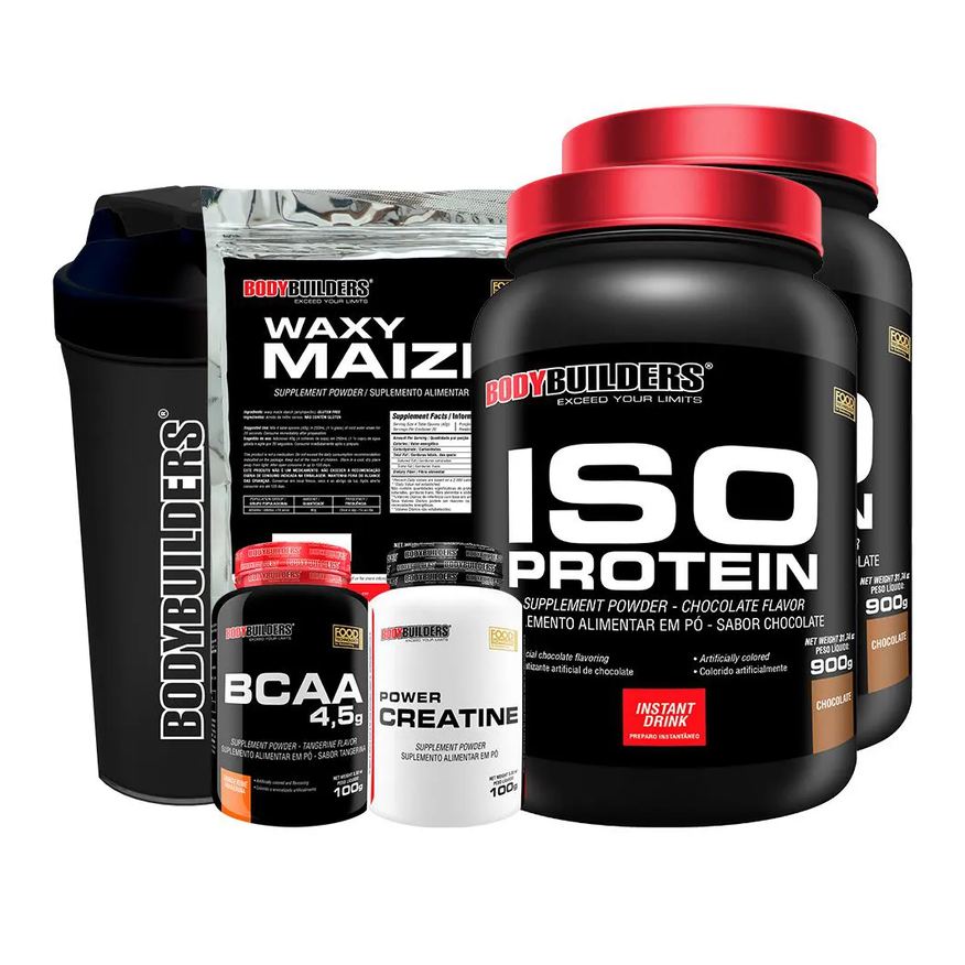 Bodybuilders Kit 2x Iso Protein 900g + Bcaa 100g + Power Creatina 100g + Waxy Maize 800g + Coqueteleira - Sabor Chocolate