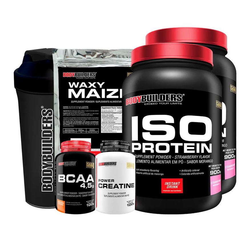 Bodybuilders Kit 2x Iso Protein 900g + Bcaa 100g + Power Creatina 100g + Waxy Maize 800g + Coqueteleira - Sabor Morango