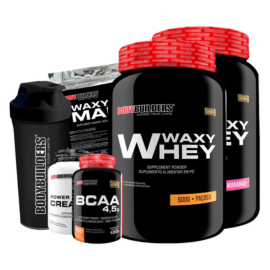 Bodybuilders Kit 2x Waxy Whey 900g + Bcaa 100g + Power Creatine 100g + Waxy Maize 800g + Coq – Morango e Paçoca