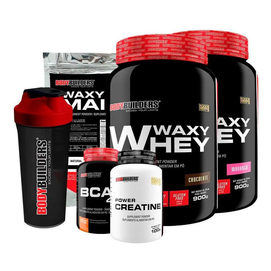Bodybuilders Kit 2x Waxy Whey 900g + Bcaa 100g + Power Creatine 100g + Waxy Maize 800g + Coq – Chocolate e Morango