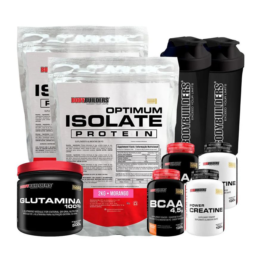 Bodybuilders Kit 2x Optimum Isolate Protein 2kg + 2x Bcaa100g+ 2x Creatina100g + Glutamina 500g + 2x Coqueteleira Sabor Morango