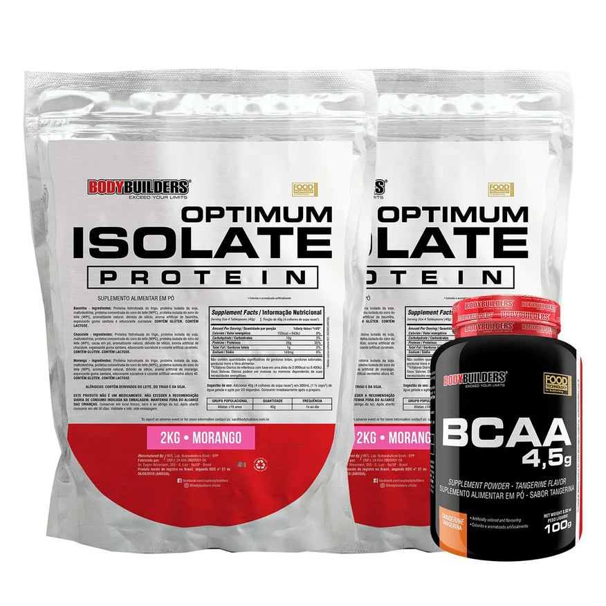 Bodybuilders Kit 2x Optimum Isolate Whey Protein 2kg + Bcaa 100g Sabor Morango