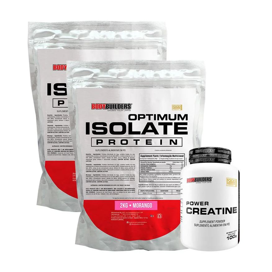 Bodybuilders Kit 2x Optimum Isolate Whey Protein 2kg + Power Creatina 100g Sabor Morango