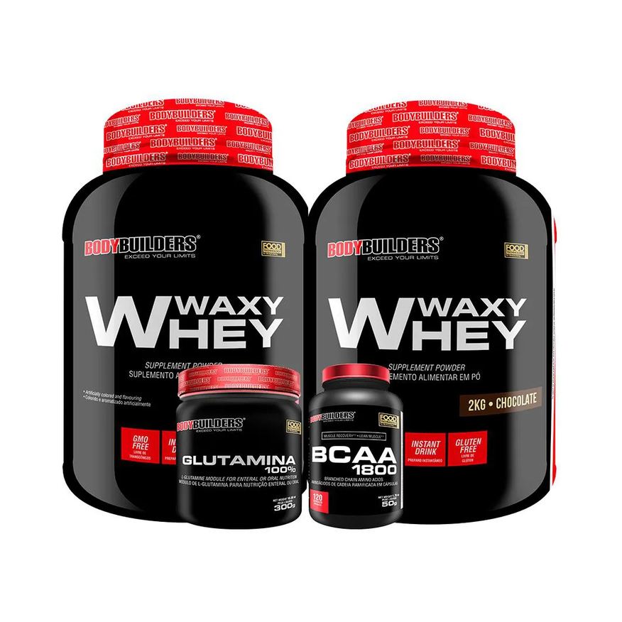 Bodybuilders Kit 2x Whey Protein Waxy Whey 2kg + Glutamina 300g + Bcaa 1800 120 cápsulas - Chocolate