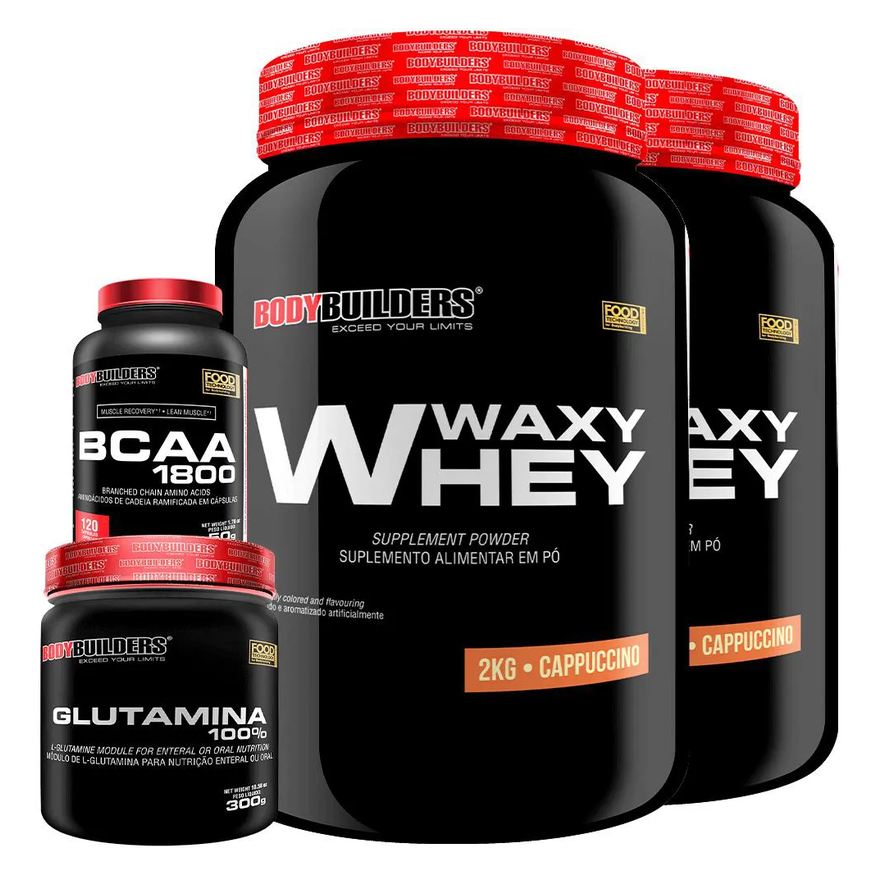 Bodybuilders Kit 2x Whey Protein Waxy Whey 2kg + Glutamina 300g + Bcaa 1800 120 cápsulas - Cappuccino