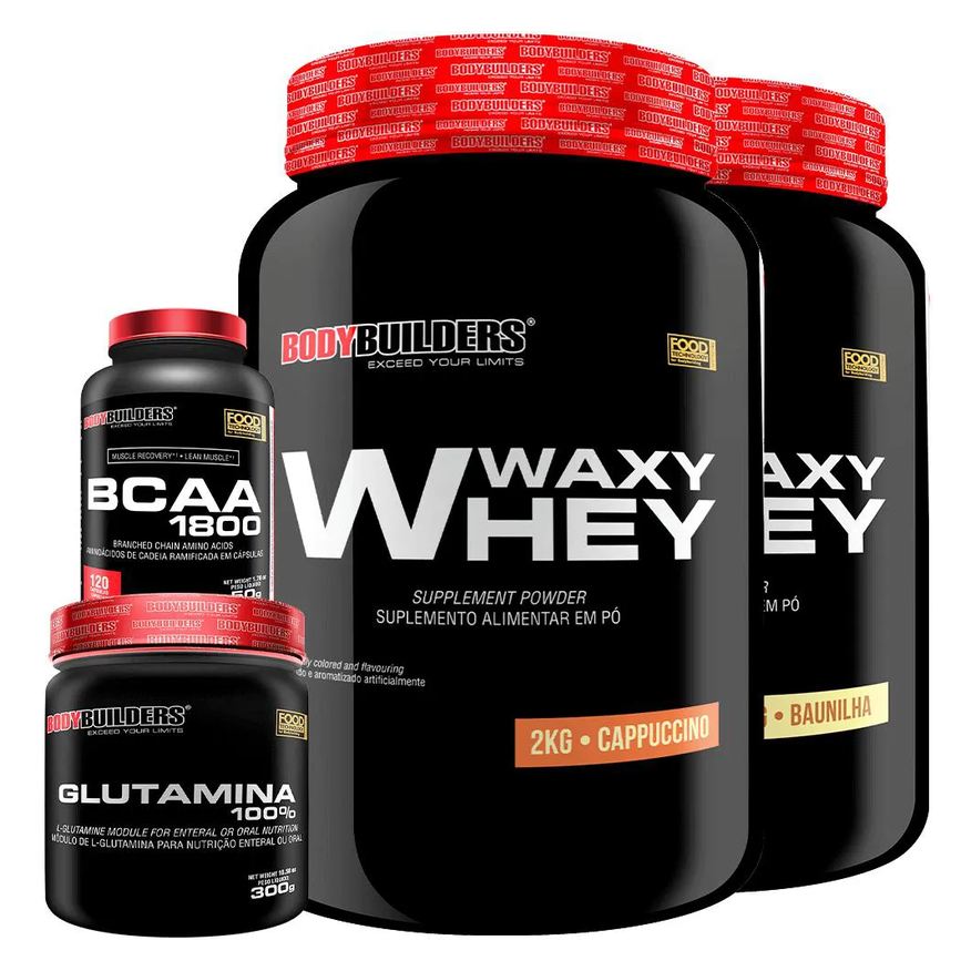 Bodybuilders Kit 2x Whey Protein Waxy Whey 2kg + Glutamina 300g + Bcaa 1800 120 cápsulas - Baunilha e Cappuccino