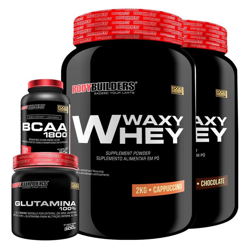 Bodybuilders Kit 2x Whey Protein Waxy Whey 2kg + Glutamina 300g + Bcaa 1800 120 cápsulas - Chocolate e Cappuccino