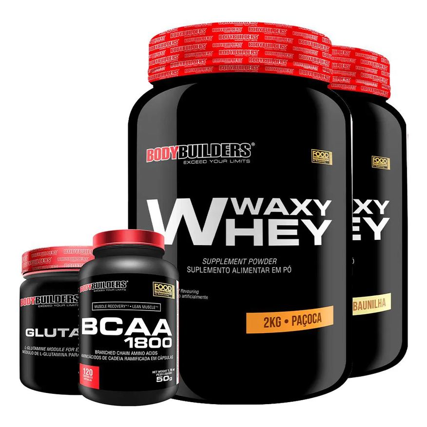 Bodybuilders Kit 2x Whey Protein Waxy Whey 2kg + Glutamina 300g + Bcaa 1800 120 cápsulas - Baunilha e Paçoca