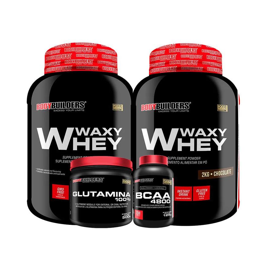 Bodybuilders Kit 2x Whey Protein Waxy Whey 2kg + Glutamina 500g + Bcaa 4800 250 cápsulas - Cappuccino e Chocolate