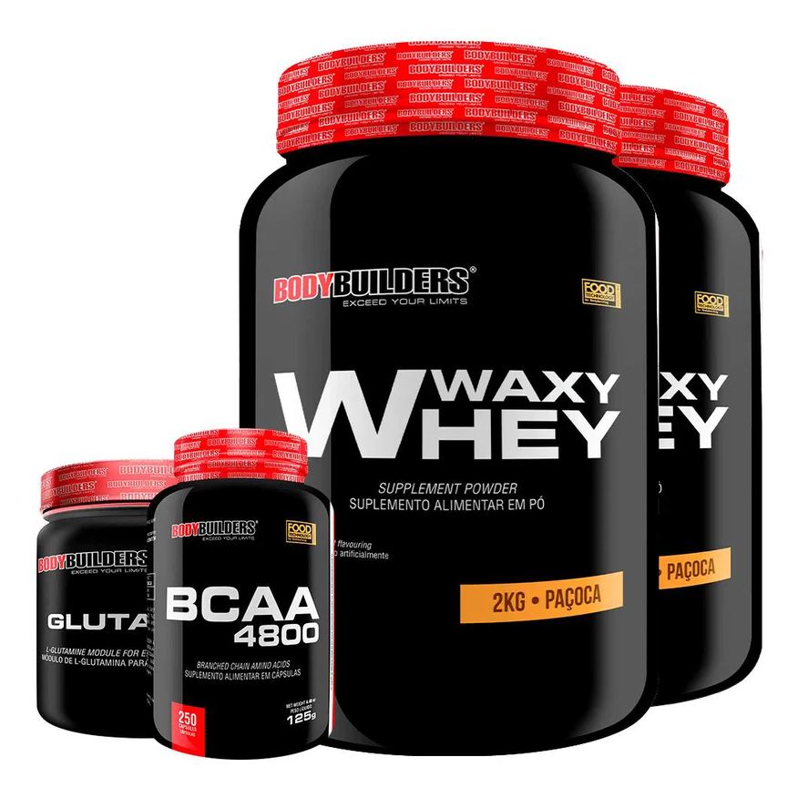 Bodybuilders Kit 2x Whey Protein Waxy Whey 2kg + Glutamina 500g + Bcaa 4800 250 cápsulas - Paçoca