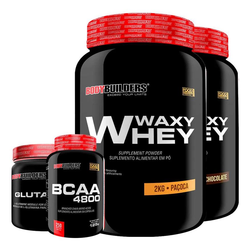 Bodybuilders Kit 2x Whey Protein Waxy Whey 2kg + Glutamina 500g + Bcaa 4800 250 cápsulas - Chocolate e Paçoca