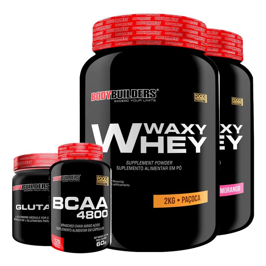 Bodybuilders Kit 2x Whey Protein Waxy Whey 2kg + Glutamina 500g + Bcaa 4800 120 cápsulas - Morango e Paçoca