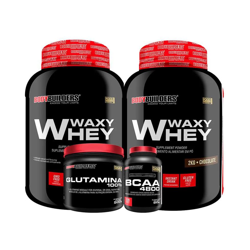 Bodybuilders Kit 2x Whey Protein Waxy Whey 2kg + Glutamina 500g + Bcaa 4800 120 cápsulas - Cappuccino e Baunilha
