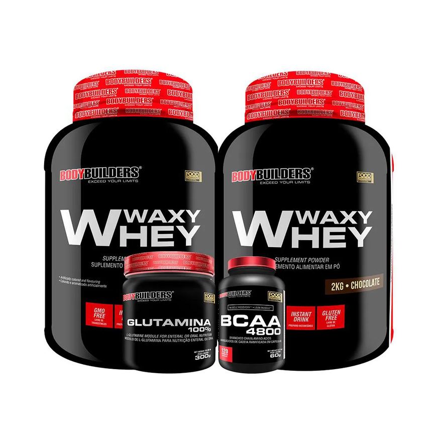 Bodybuilders Kit 2x Whey Protein Waxy Whey 2kg + Glutamina 300g + Bcaa 4800 120 cápsulas - Chocolate