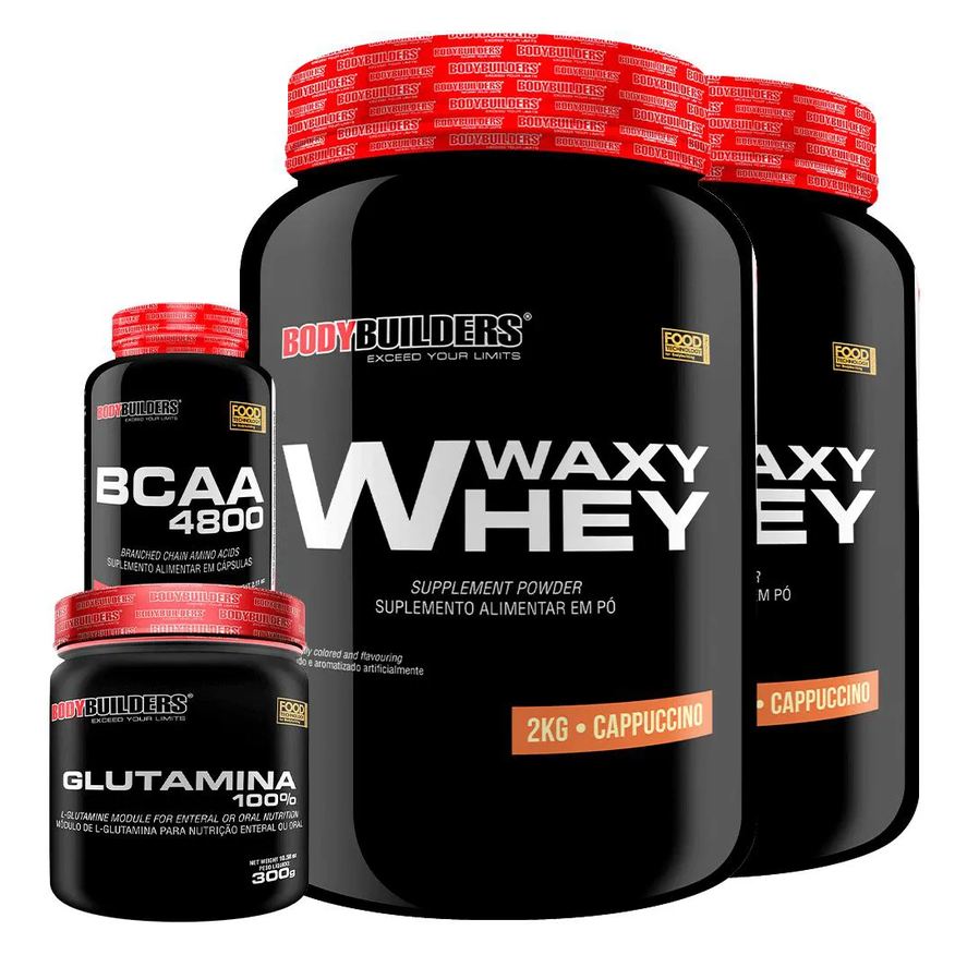 Bodybuilders Kit 2x Whey Protein Waxy Whey 2kg + Glutamina 300g + Bcaa 4800 120 cápsulas - Cappuccino