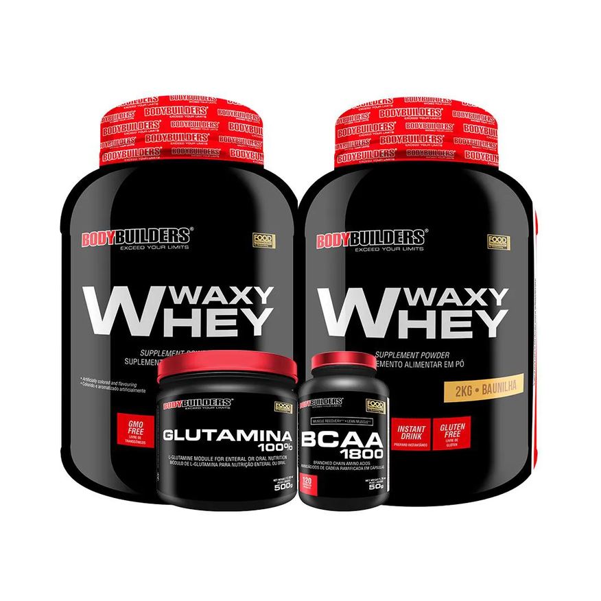 Bodybuilders Kit 2x Whey Protein Waxy Whey 2kg + Glutamina 500g + Bcaa 1800 120 cápsulas - Baunilha