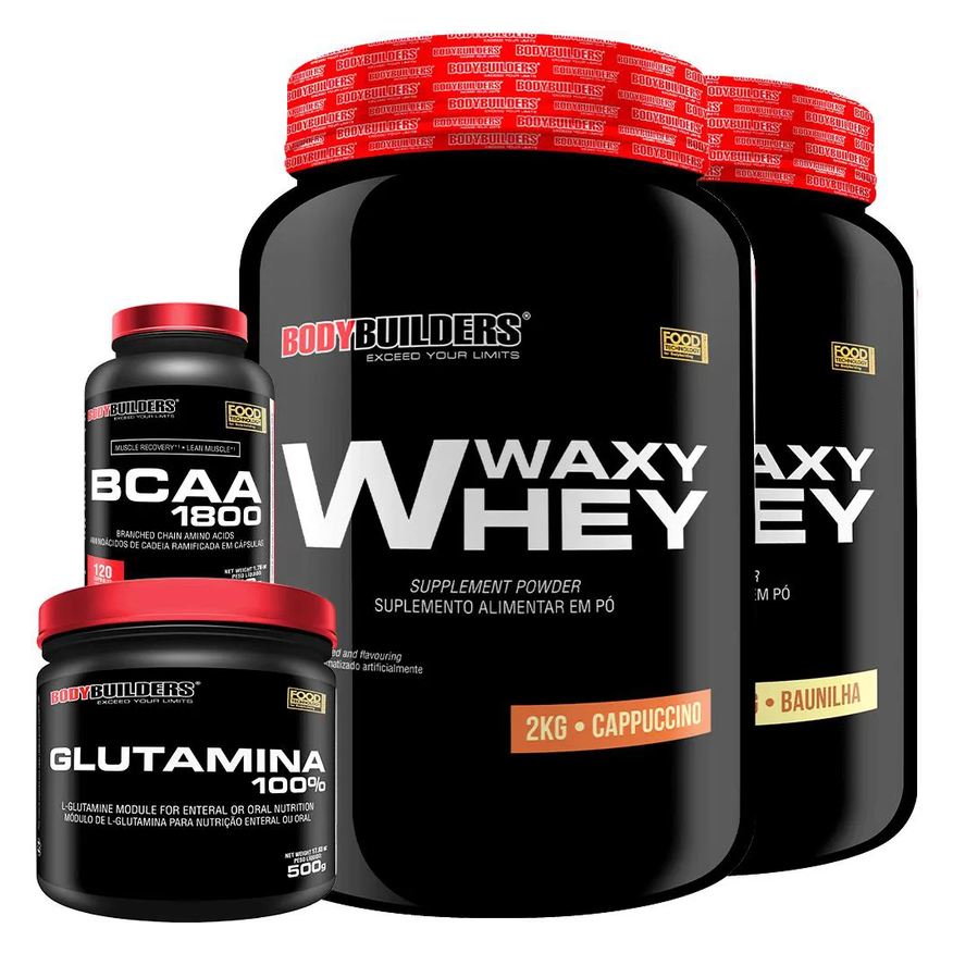 Bodybuilders Kit 2x Whey Protein Waxy Whey 2kg + Glutamina 500g + Bcaa 1800 120 cápsulas - Cappuccino e Baunilha