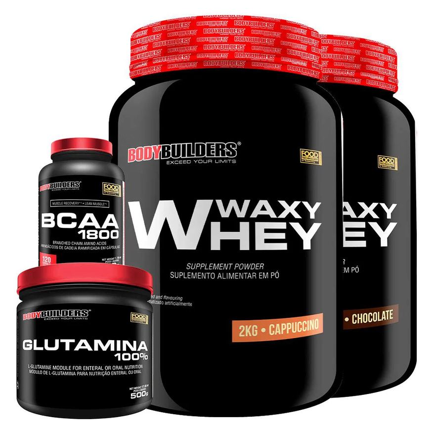 Bodybuilders Kit 2x Whey Protein Waxy Whey 2kg + Glutamina 500g + Bcaa 1800 120 cápsulas - Cappuccino e Chocolate