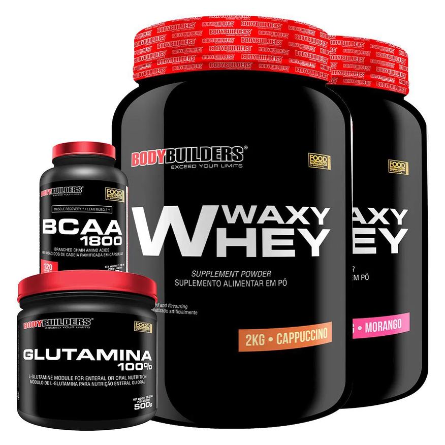 Bodybuilders Kit 2x Whey Protein Waxy Whey 2kg + Glutamina 500g + Bcaa 1800 120 cápsulas - Paçoca