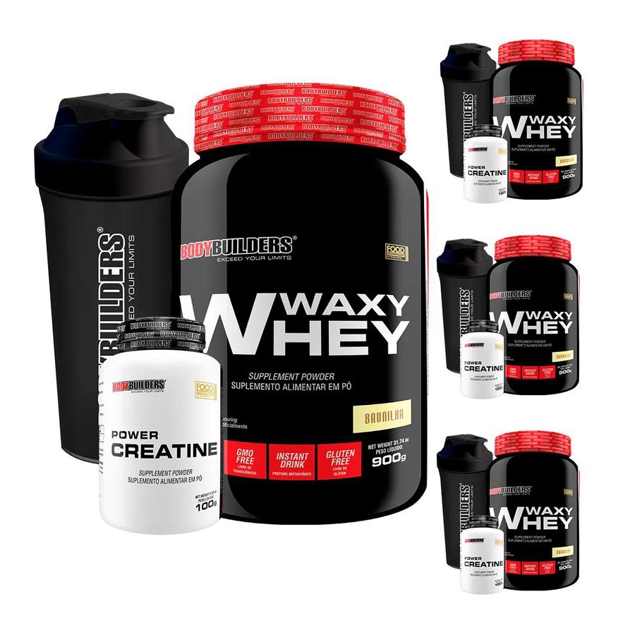 Bodybuilders Kit 4x Whey Protein Waxy Whey 900g + 4x Power Creatina 100g + 4x Coqueteleira - Morango