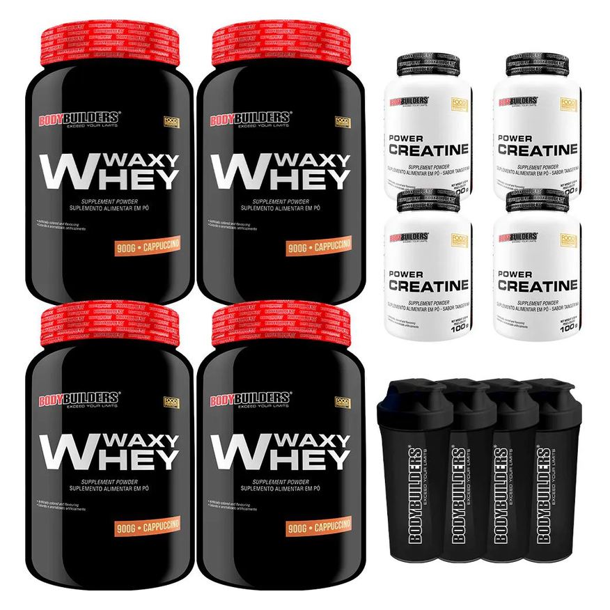 Bodybuilders Kit 4x Whey Protein Waxy Whey 900g + 4x Power Creatina 100g + 4x Coqueteleira - Cappuccino