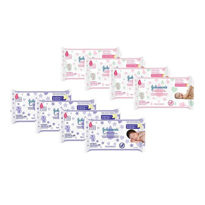 Johnson's Baby Kit Lenço Umedecido Proteção da Pele Hipoalergênico Sem Álcool 48 unidades 12 pacotes