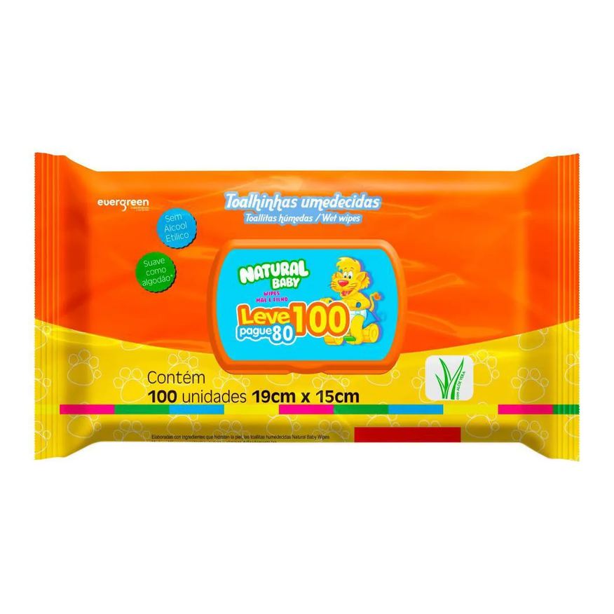 Natural Baby Lenço Umedecido Ever Green Aloe Vera Sem Álcool Suave como Algodão 100 unidades