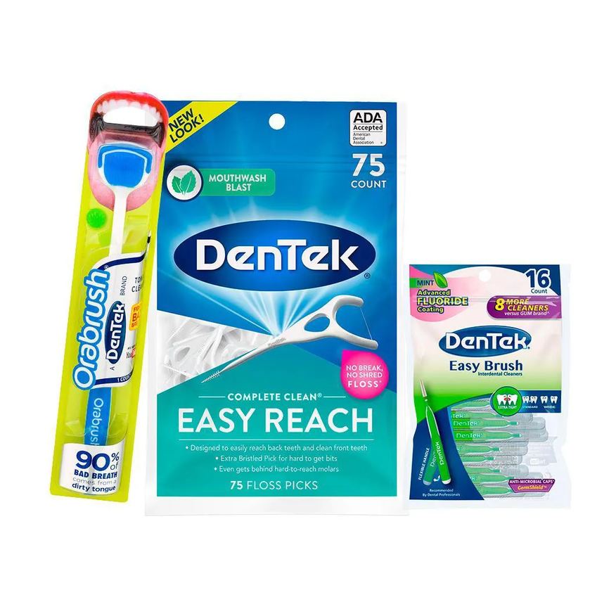 DenTek Kit Escova de Língua Orabrush + Fio Dental Easy Reach 75un + Escova Easy Brush Fino c/ 16un