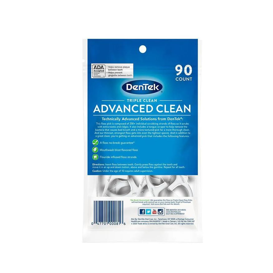 Dental Fio com Haste DenTek Floss Picks Triple Clean Advanced 90un