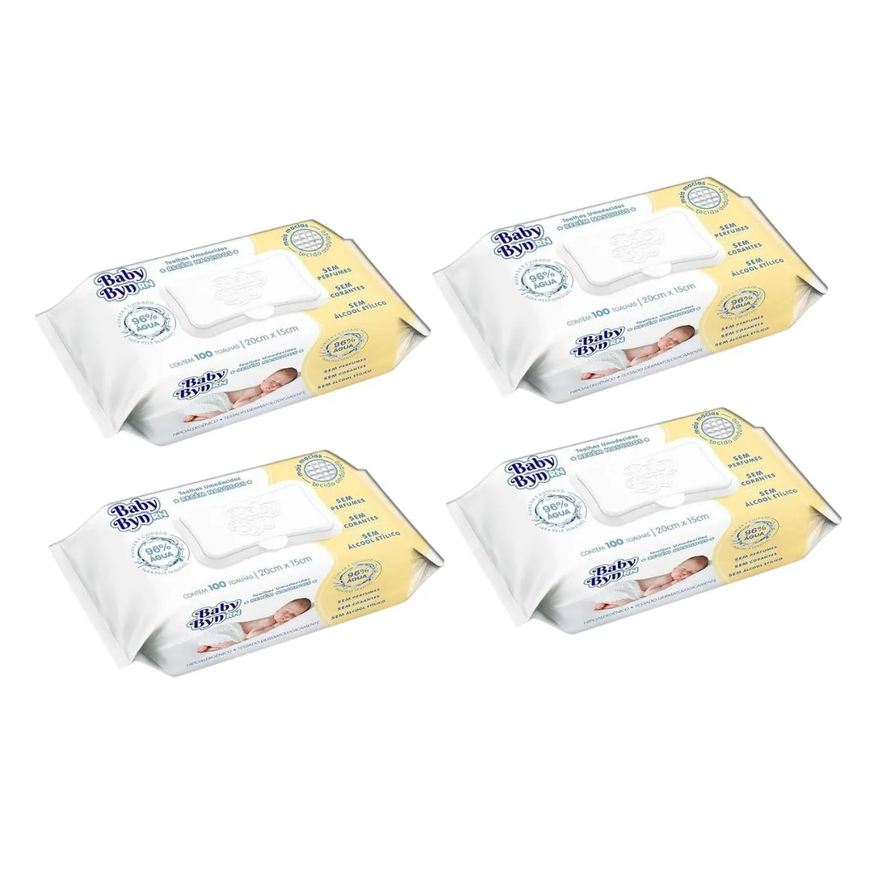 Hygieline Kit Lenço Umedecido Baby Byn Rn 4 Pacotes de 100 unidades