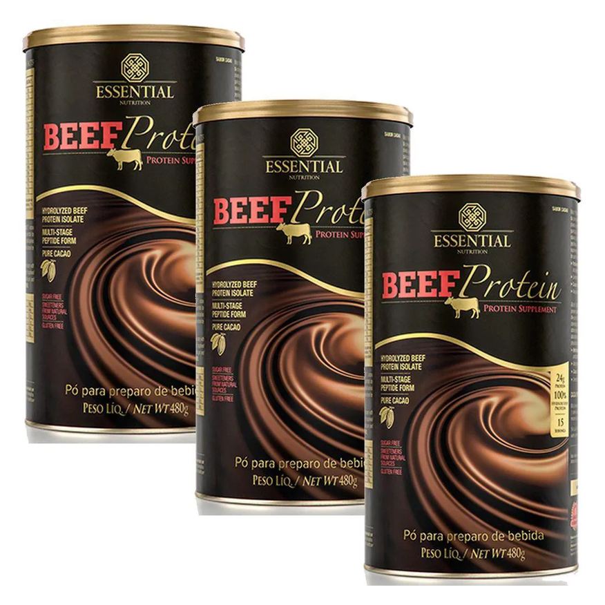 Essential Nutrition Kit Proteína em Pó Beef Protein Cacau 480g 3 unidades