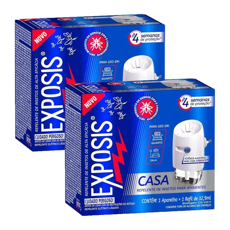 Kit 2 Aparelhos Elétrico + Refil Repelente Líquido Exposis Casa 32,9ml