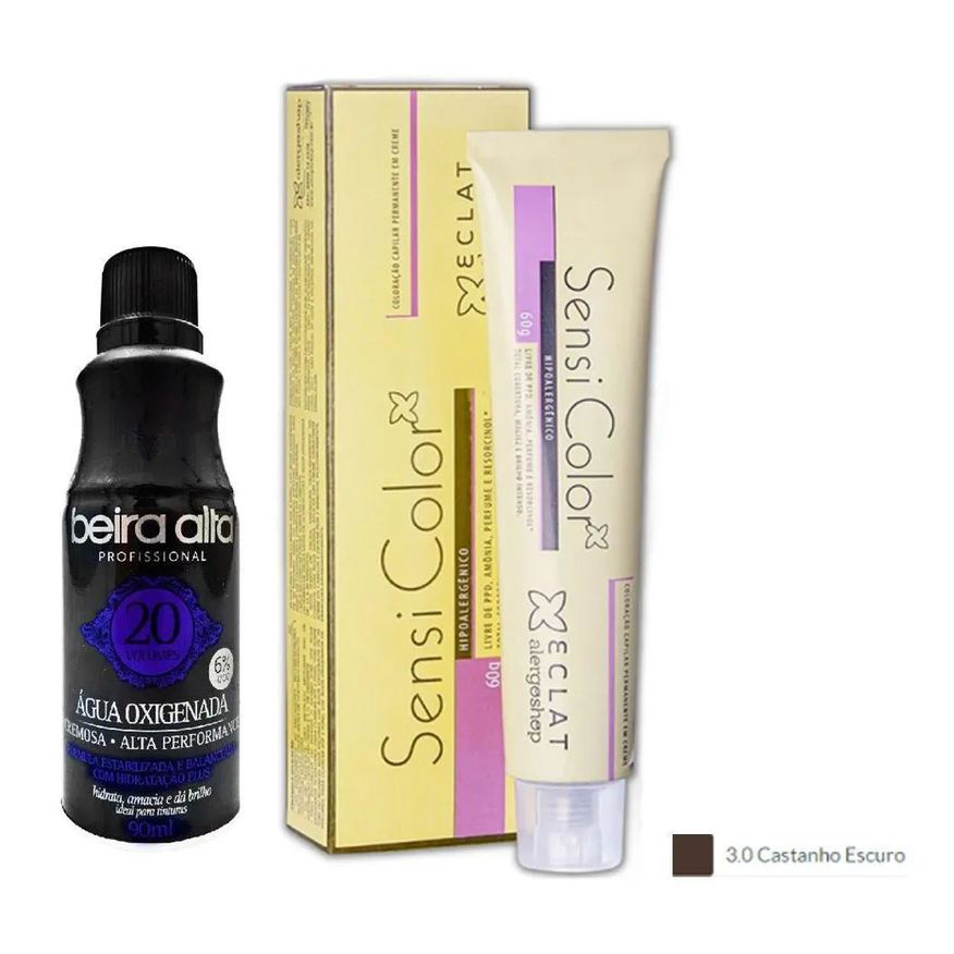 Alergoshop Tintura Hipoalergênica Cor 3.0 Castanho Escuro 60g + Água Oxigenada Vol. 20