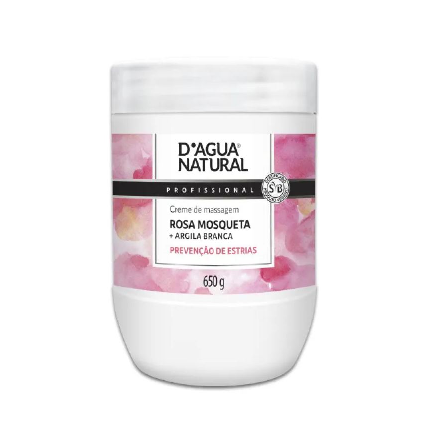 D'Agua Natural CREME DE MASSAGEM ROSA MOSQUETA PREVENçãO DE ESTRIAS COM ARGILA BRANCA 650g