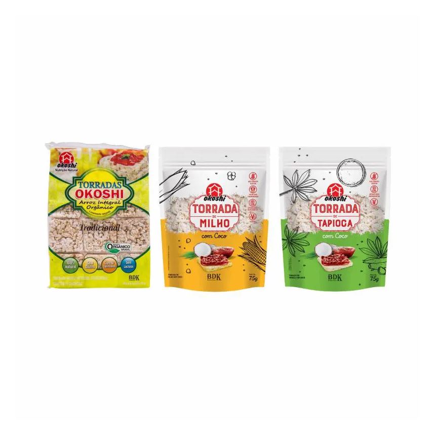 Okoshi Kit 3 Torradas Okoshi: Arroz, Milho e Tapioca com Coco