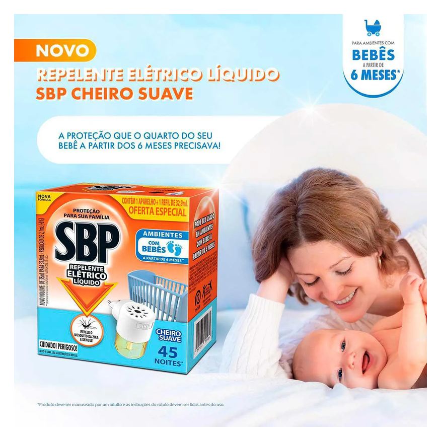 de Repelente Tomada SBP 45 Noites Cheiro Suave + Refil 35ml