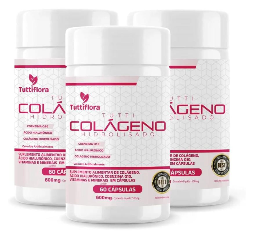 Tuttiflora Kit com 03 - Colágeno Hidrolisado + Ácido Hialurônico + Q10 + Biotina + Vit 60 cápsulas 600mg
