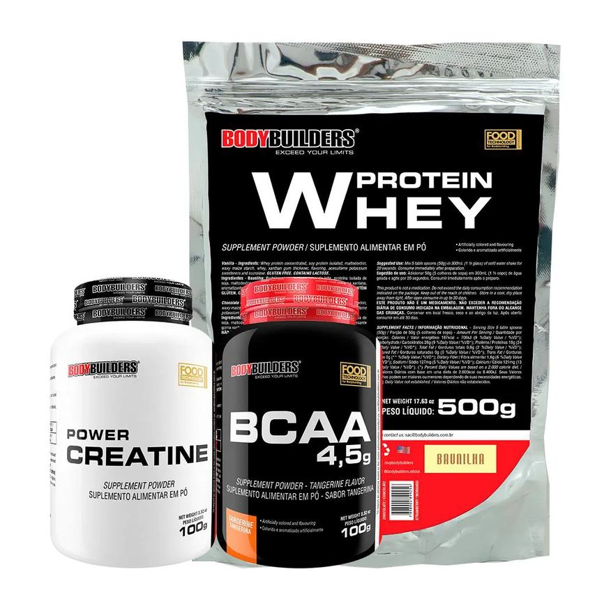 Bodybuilders Kit Whey Proten 500g + Bcaa 100g+ Power Creatina 100g - Baunilha