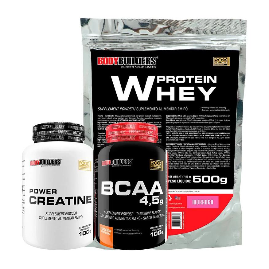 Bodybuilders Kit Whey Proten 500g + Bcaa 100g+ Power Creatina 100g - Morango