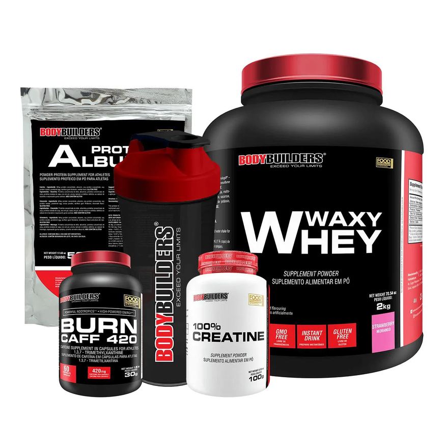 Bodybuilders Kit Waxy Whey 2kg + Creatina 100% 100g + Burn Caff 60 cápsulas + Albumina 500g + Coqueteleira - Morango