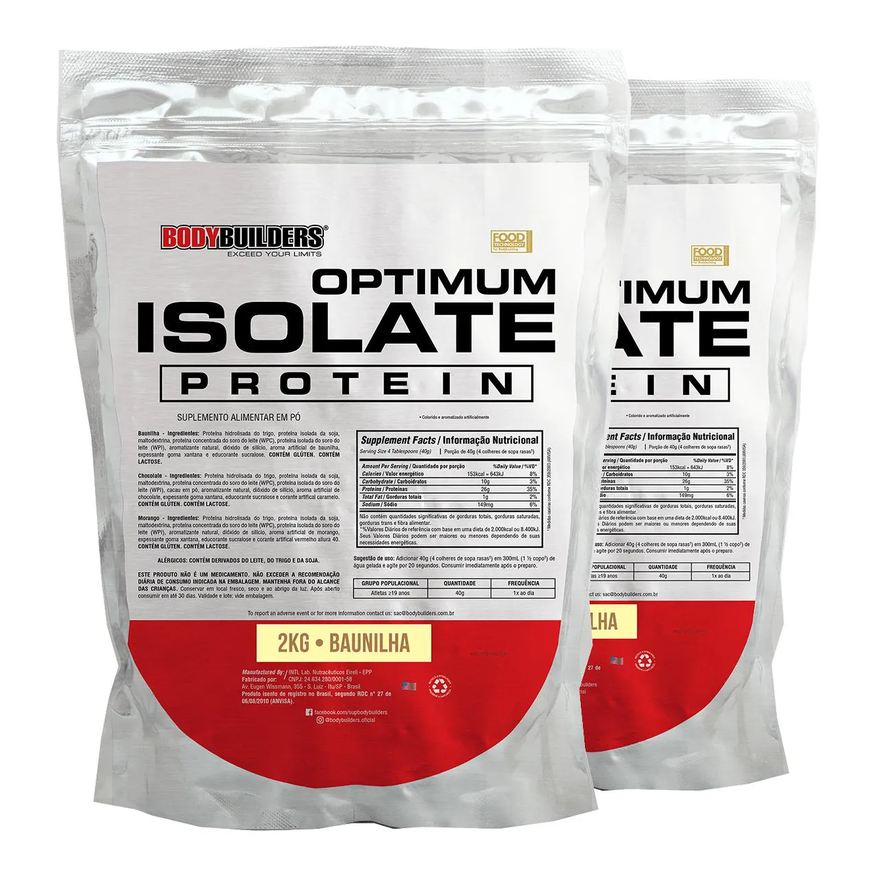 Bodybuilders Kit 2x Whey Protein Optimum Isolate Refil 2kg - Kit para Ganho de Massa Muscular e Resistência - Baunilha