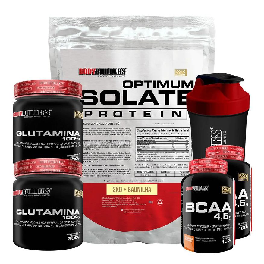 Bodybuilders Kit Optimum Isolate Whey Protein 2kg + 2x Bcaa 100g + 2x Glutamina 300g + Coqueteleira - Baunilha