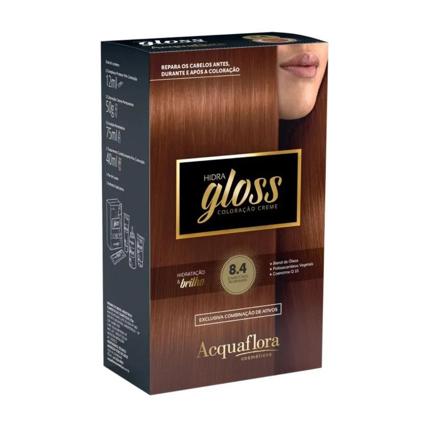 Acquaflora Coloração Creme Kit Hidra Gloss 8.4 Louro Claro Acobreado