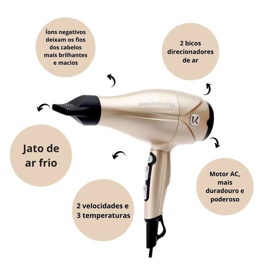 Kiss Secador New York Tourmaline Ion Dourado 2000w 127v Bdp06pbr