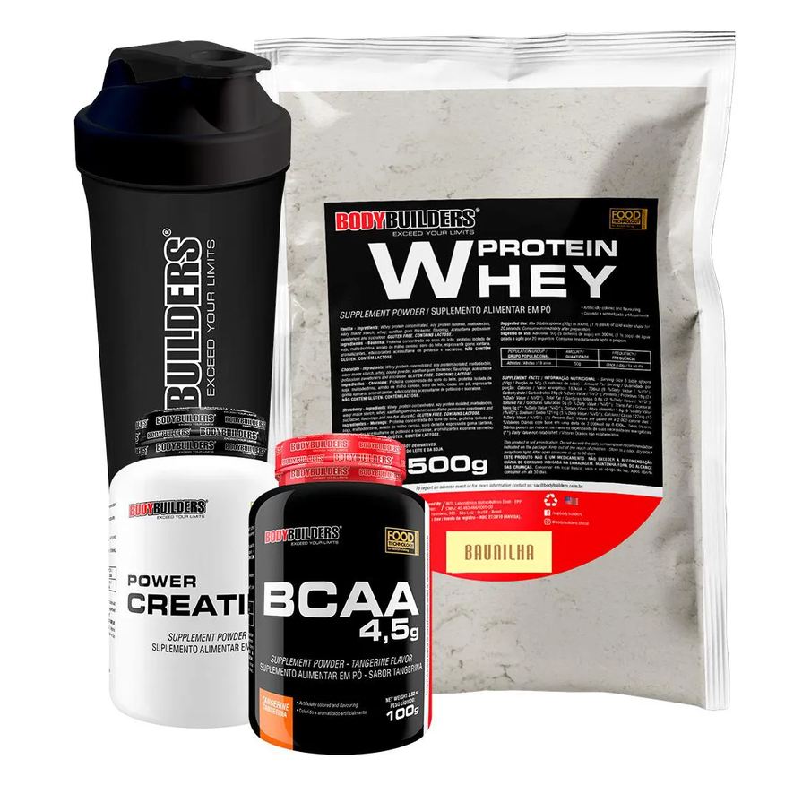 Bodybuilders Kit Whey Protein 500g + Bcaa 4,5 100g + Power Creatine 100g + Coqueteleira – Baunilha