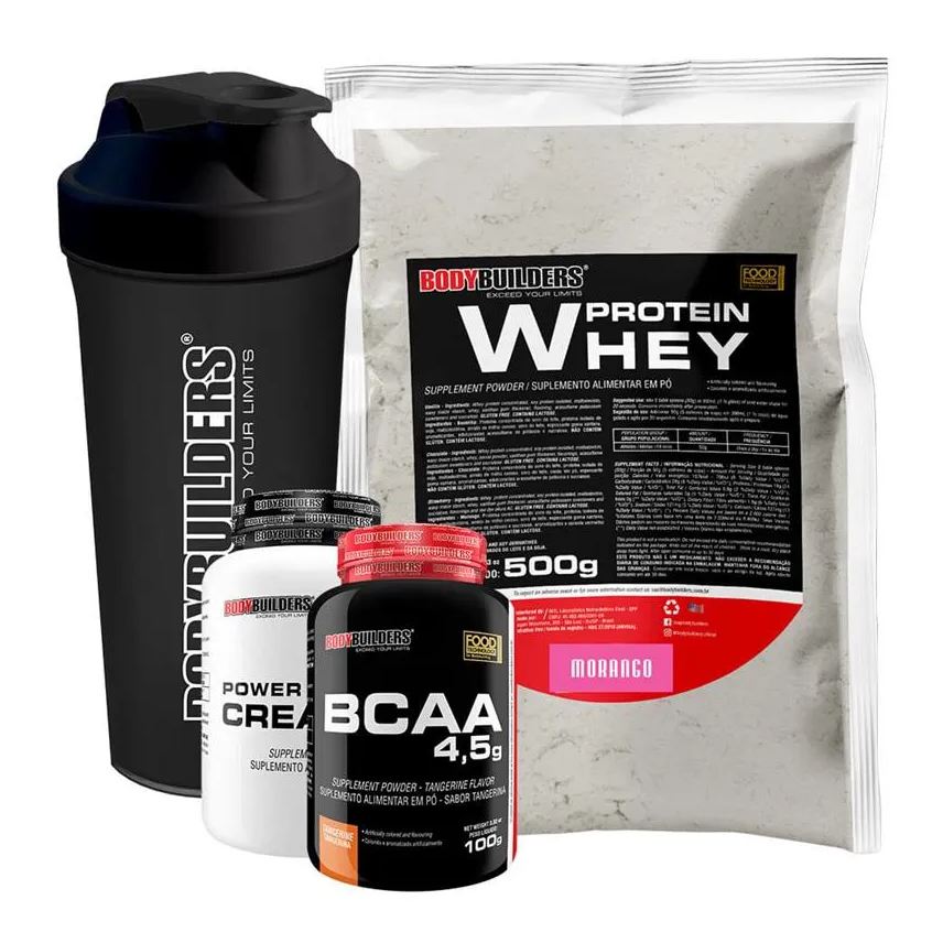 Bodybuilders Kit Whey Protein 500g + Bcaa 4,5 100g + Power Creatine 100g + Coqueteleira – Morango