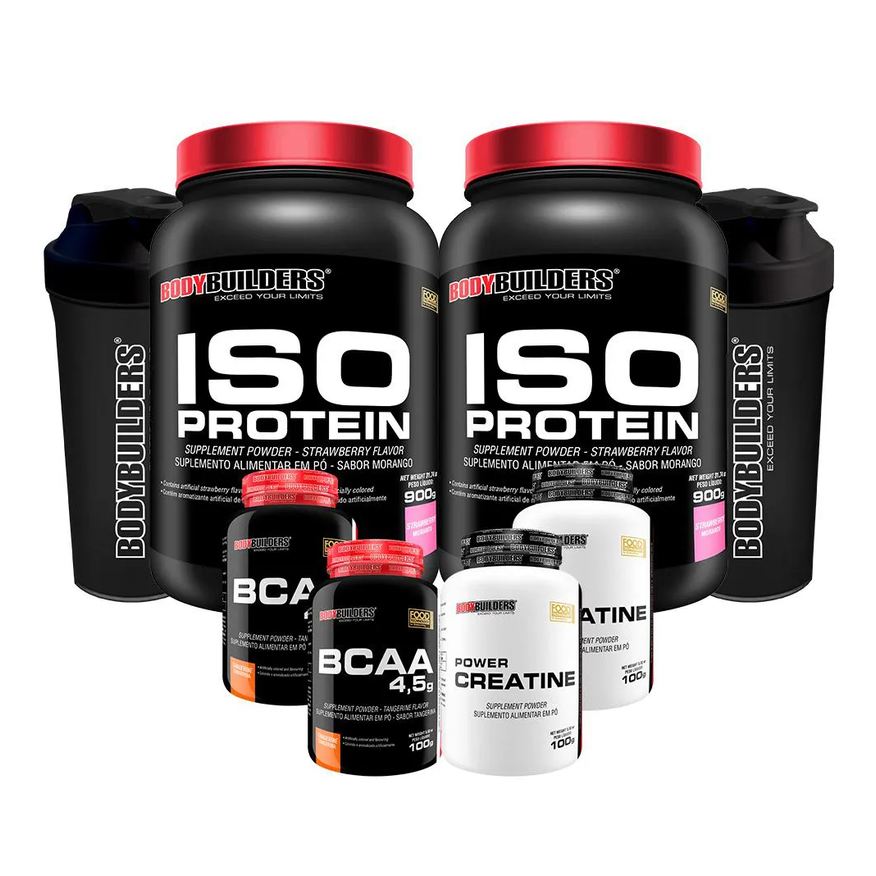 Bodybuilders Kit 2x Iso Protein 900g + 2x Bcaa 4.5 100g + 2x Power Creatina 100g + 2x Coqueteleira - Morango