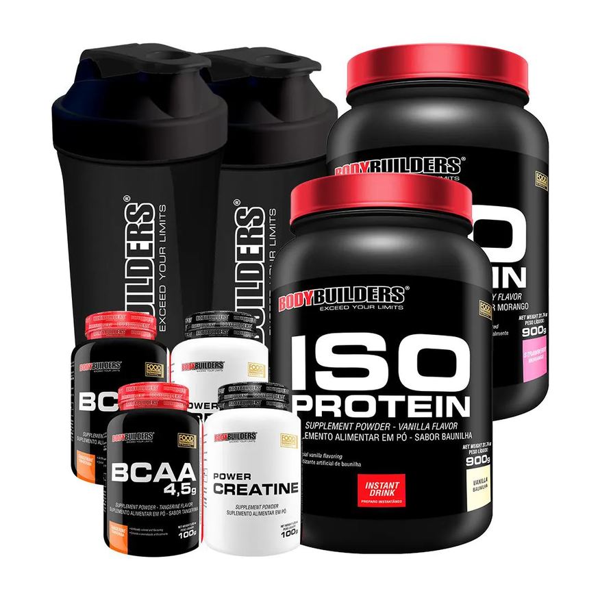 Bodybuilders Kit 2x Iso Protein 900g + 2x Bcaa 4.5 100g + 2x Power Creatina 100g + 2x Coqueteleira - Baunilha e Morango